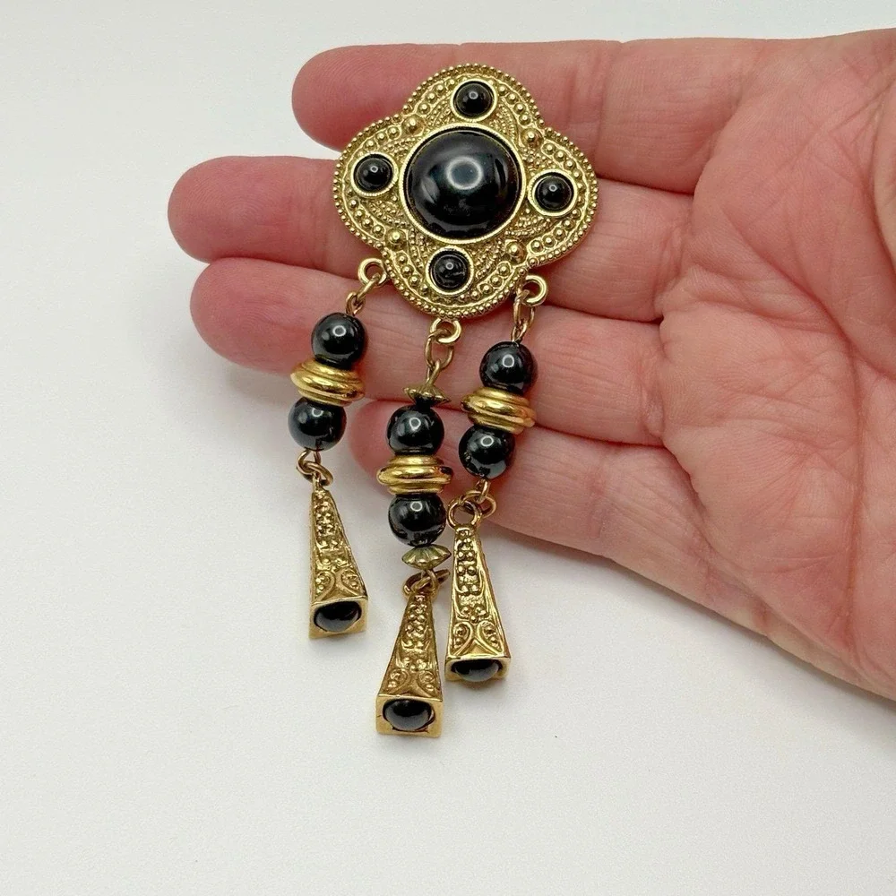 Vintage 1928 Brooch Etruscan Revival Shield Dangle Tassel Gold Black